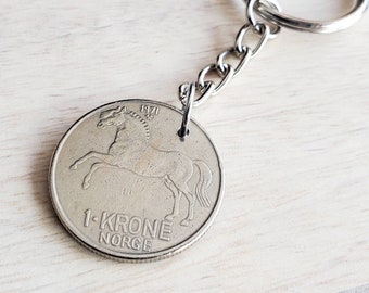 Horse Keychain, Norway 1971 1 Krone Norge Coin, Silver Keyring, Norwegian, Cowboy Gift for Guy, Dad, Brother, Boyfriend, E. Ria Designs