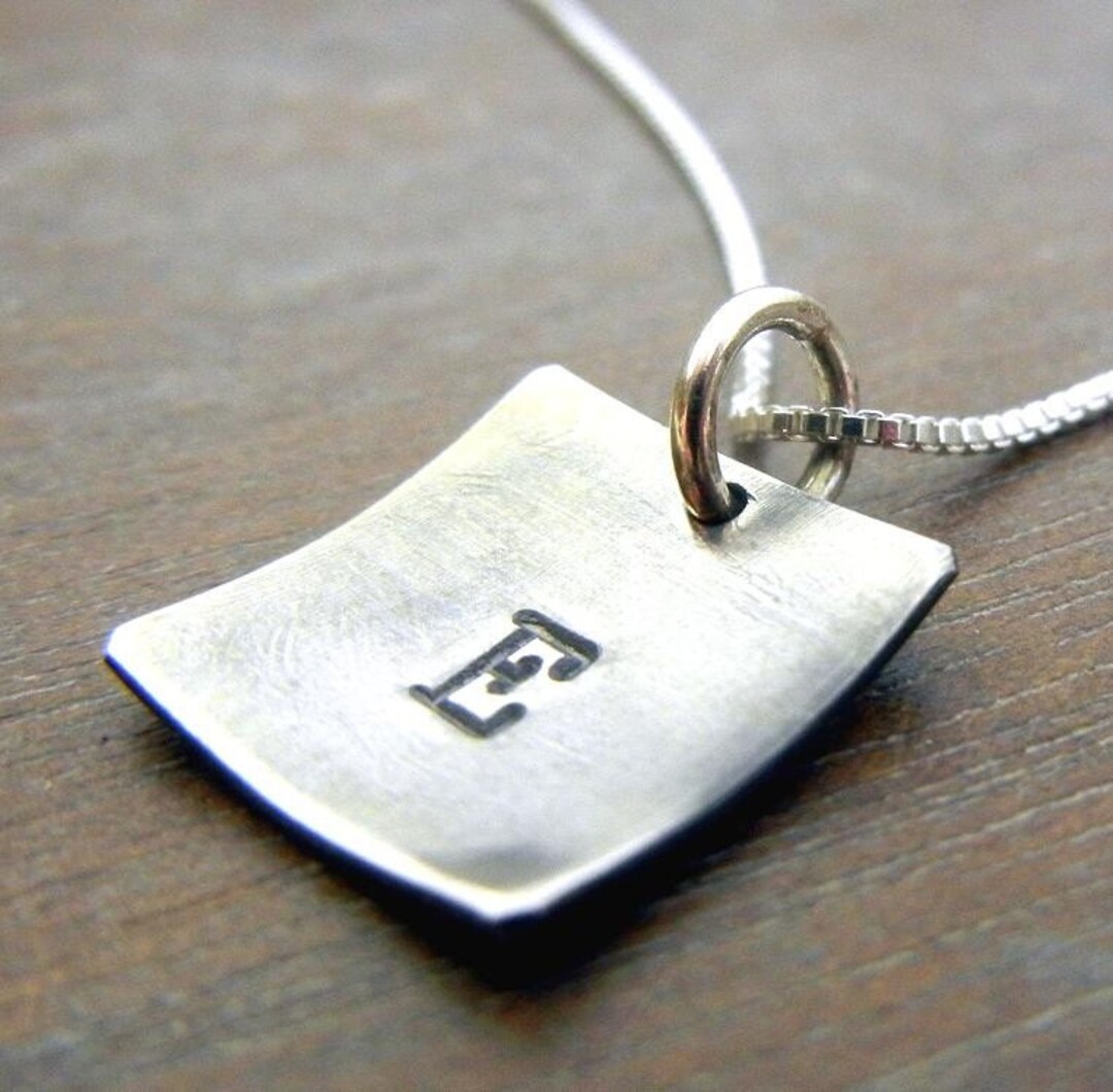 Square Silver Personalized Letter Charm Necklace, Hand Stamped Rustic Cupped Pendant, 925