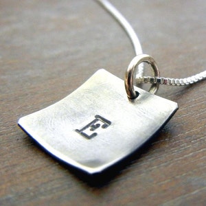 Square Silver Personalized Letter Charm Necklace, Hand Stamped Rustic Cupped Pendant, 925 Sterling Silver by E. Ria Designs