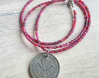 1955 Cyprus Coin Necklace, Cranberry Glass Beaded Long Chain, Pinks & Fuchsia, 925 Sterling Silver Lobster Clasp, Handmade in USA, Gift Box
