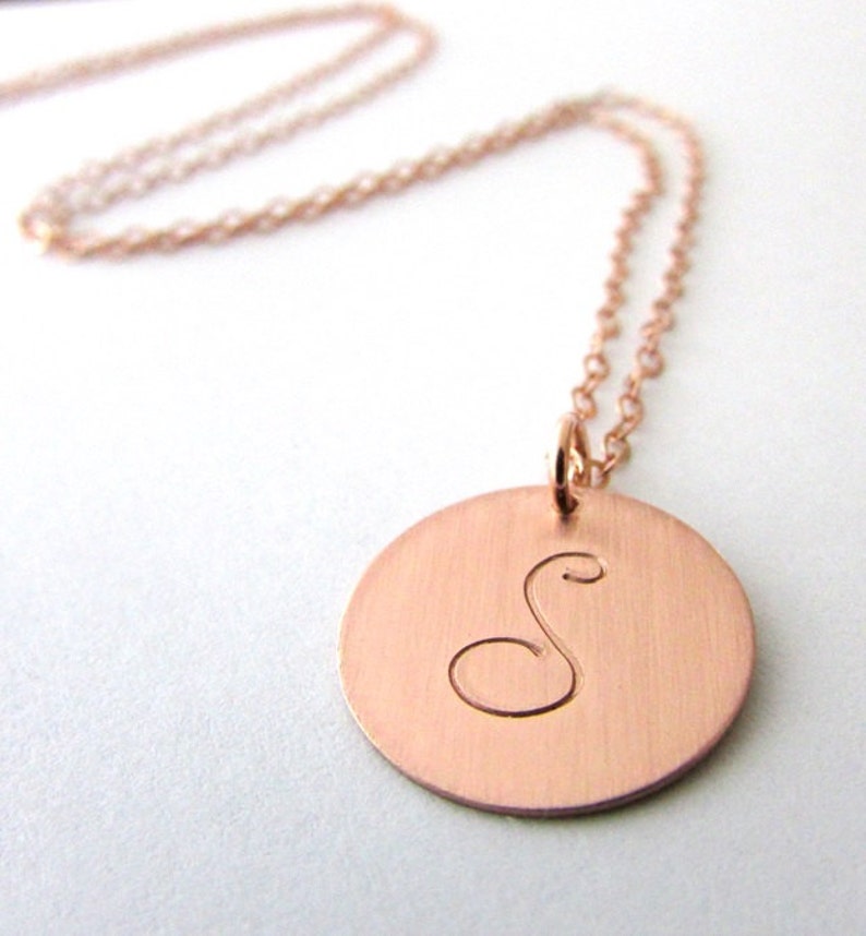 Cursive Script Rose Gold Letter Charm, 14K Gold Filled Initial Necklace, Hand Stamped Artisan Jewelry by E. Ria Designs image 1