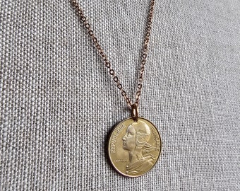 1977 Vintage French 20 Centimes Coin Necklace, Brass Cable Chain, Birthday Gift Boxed, Woman's Profile, Handcrafted in USA by E. Ria Designs