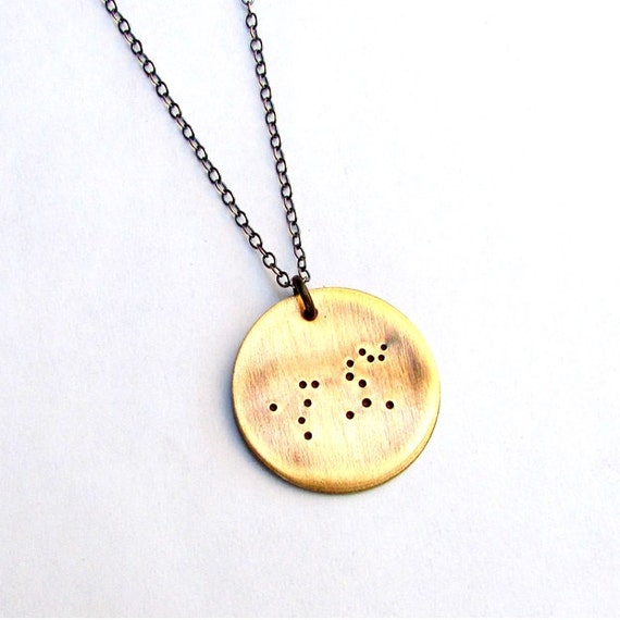 Leo Constellation Necklace, Zodiac Sign Charm, Bronze, Brass, Hand Stamped, Rugged Brushed Pendant