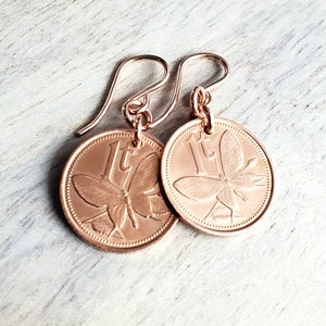 Butterfly Coin Earrings, Copper, 14K Rose Gold Filled Ear Wires, Papua New Guinea 1987 Coin Jewelry 7th Anniversary Gift By E. Ria Designs image 2