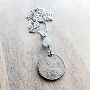 1969 Norway Bird Coin, 25 Ore Norge, Genuine Aquamarine Bead .925 Sterling Silver Chain, Norwegian Gift, Handcrafted Jewelry, E. Ria Designs
