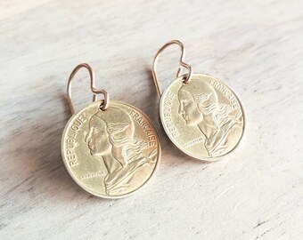 French Coin Earrings, Woman's Silhouette Gold France Five Centimes and Bronze Ear Wire, Handcrafted in USA by E. Ria Designs