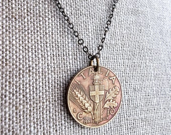 1941 Vintage Italia (Italy) 10 Centesimi Coin Necklace, Shield, Wheat, Oak Leaf Design, Italian Gift Boxed Jewelry, Made in USA