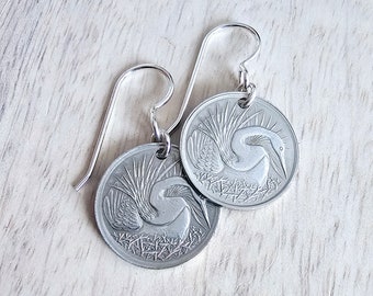 1970s Vintage Singapore Bird on Nest Coin Earrings, .925 Sterling Silver Ear Wires, Indian Darter 5 Cents, Handcrafted USA, E. Ria Designs