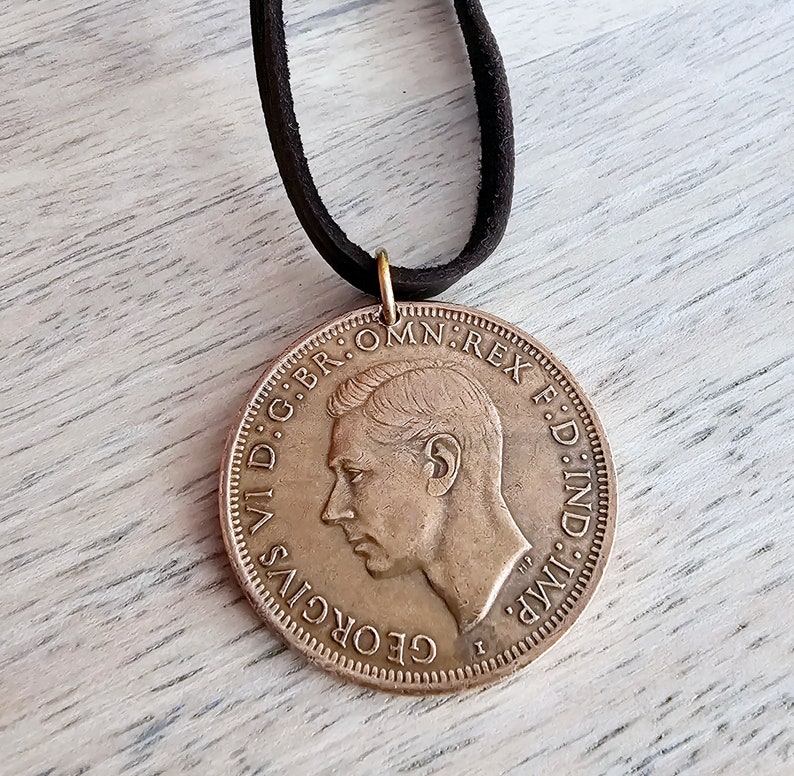 Vintage Australia Coin Necklace, Kangaroo Penny, King George, Brown Leather Cord Chain, 24 Inches, Made in USA by E. Ria Designs, Gift Boxed image 5