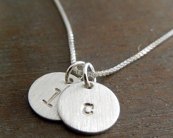 Two Charm Initial Necklace, Hand Stamped Sterling Silver Lowercase JENNA DUO Necklace by E. Ria Designs