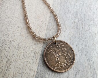 1966 Norge Norway Moose Coin Necklace, 5 Ore, Frosted Light Brown Glass Seed Bead Chain, Brass Lobster Claw Clasp, Made in USA