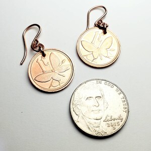 Butterfly Coin Earrings, Copper, 14K Rose Gold Filled Ear Wires, Papua New Guinea 1987 Coin Jewelry 7th Anniversary Gift By E. Ria Designs image 6
