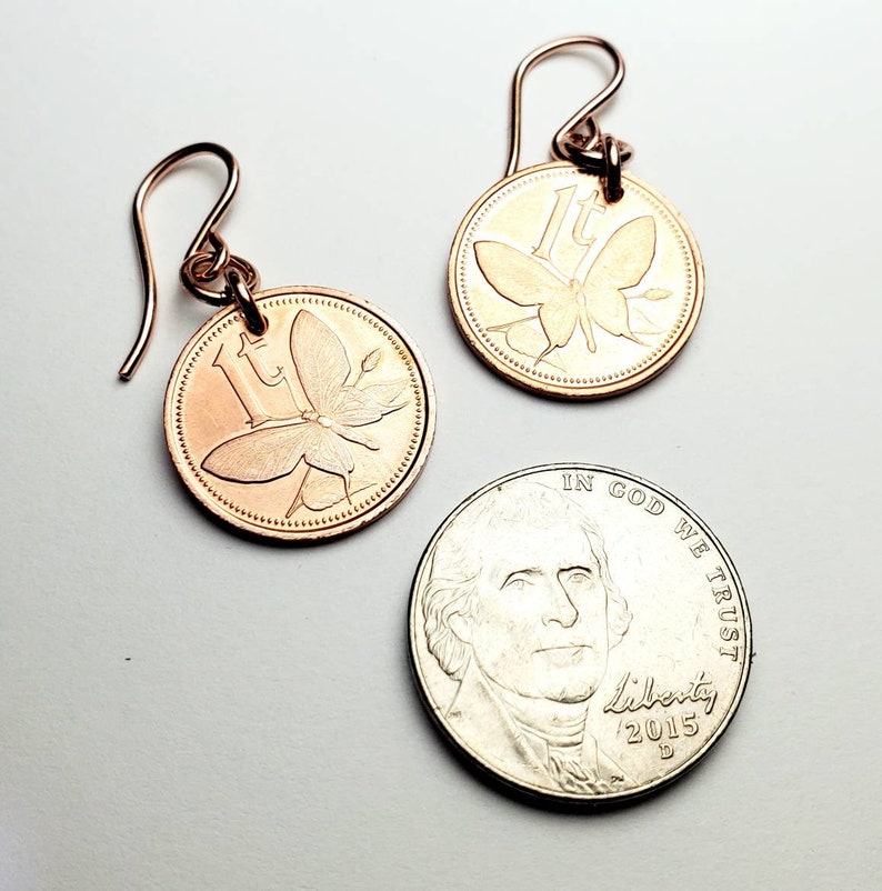 Butterfly Coin Earrings, Copper, 14K Rose Gold Filled Ear Wires, Papua New Guinea 1987 Coin Jewelry 7th Anniversary Gift By E. Ria Designs image 6