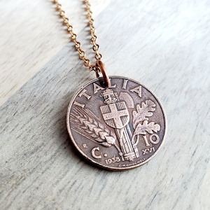 1938 Vintage Italia (Italy) Genuine 10 Centesimi Coin Necklace, Shield, Wheat, Oak Leaf Design, Italian Gift Boxed Jewelry, Made in USA