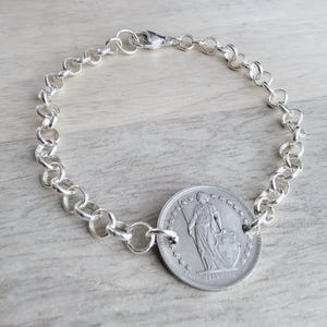 1968 Half Franc Swiss Coin Bracelet, Sterling Silver Rolo Chain, Lobster Claw Clasp, Gift Box, Switzerland Gift, Made in USA E. Ria Designs