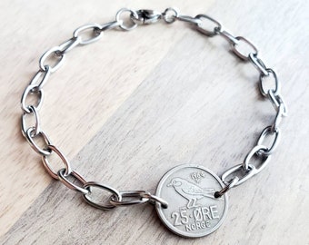 Mid-Century Vintage Norwegian Bird Coin Bracelet, 25 Ore, Norge (Norway), Stainless Steel Drawn Cable Chain Links Made in USA E. Ria Designs