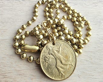 1981 200 Lire Italian Coin Necklace, Chunky Brass Ball Chain, World Food Day Coin, Made in USA