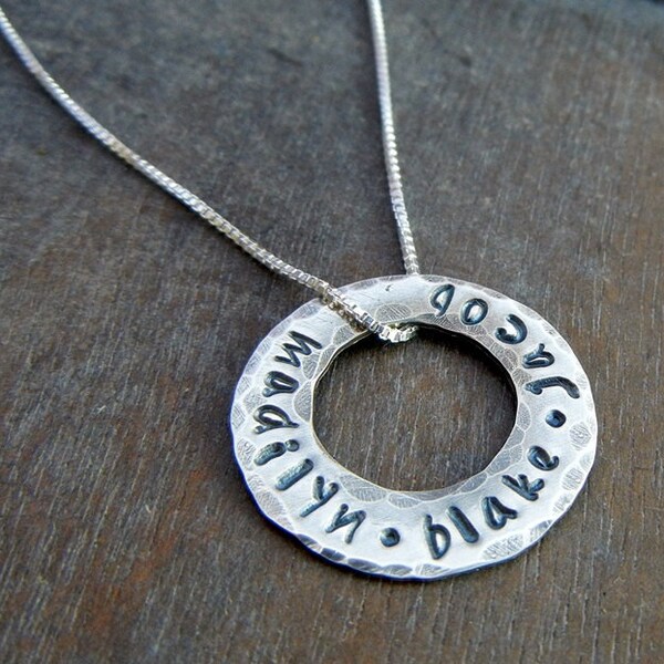 Personalized Family Necklace - Custom Hand Stamped Washer Sterling Silver Necklace - MADILYN by E. Ria Designs