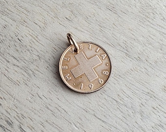 1 Rappen Helvetia Switzerland Swiss Cross Coin, Vintage 1968, Charm or Pendant for Bracelet or Necklace, Gift Boxed, Handcrafted in USA