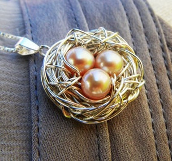Wire Bird Nest Necklace with Blue or White Pearls — Bang-Up Betty