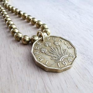 1943 Three Pence Coin Necklace, England Great Britain Flower Coin, Brass Ball Chain, Made in USA, Vintage Coin Jewelry by E. Ria Designs