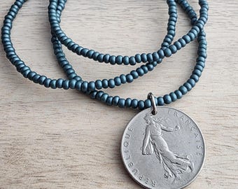 Vintage French Coin Necklace, Dark Teal Glass Beaded Chain, Gift Boxed E. Ria Designs