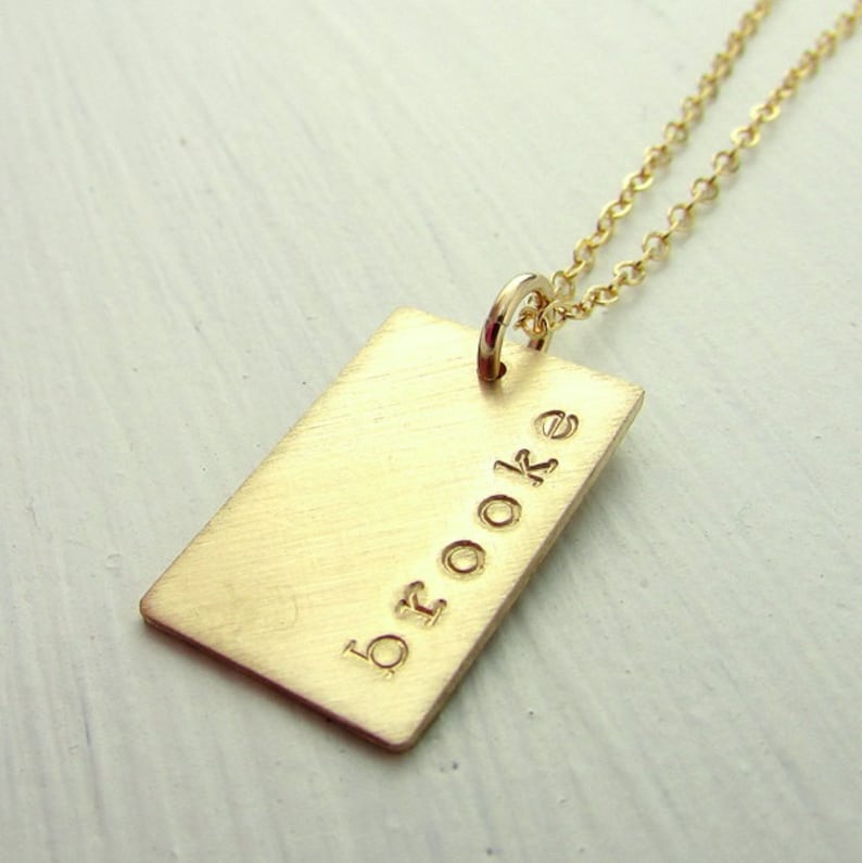 Gold Dog Tag Necklace Personalized Name Charm Hand Stamped Custom E. Ria Designs image 2