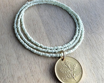 Vintage 1989 Italy 20 Lire Coin Necklace, Oak Leaf, Acorn, Mint Green Glass Seed Bead Chain, Solid Brass Lobster Clasp, Gift Boxed