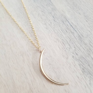 Gold Crescent Moon Charm Necklace, Solid Bronze Waning Moon Pendant, 14K Gold Filled Cable Chain, Lunar Jewelry, Gift for Friend in Box