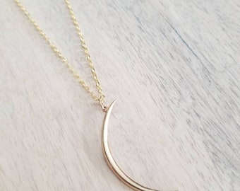 Gold Crescent Moon Charm Necklace, Solid Bronze Waning Moon Pendant, 14K Gold Filled Cable Chain, Lunar Jewelry, Gift for Friend in Box