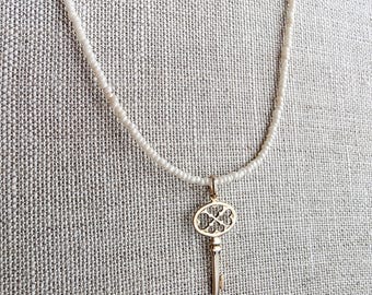 Gold Bronze Skeleton Key Pendant Necklace, Pearly Ivory Glass Seed Bead Chain, 14K Gold Filled Clasp