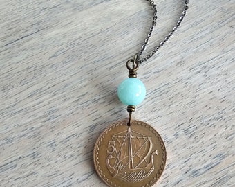 1979 Cyprus Ship Coin Necklace, Amazonite Bead, 5 Mils, Vintage Brass Coin, Birthday Anniversary Gift, Artisan Handcrafted in USA