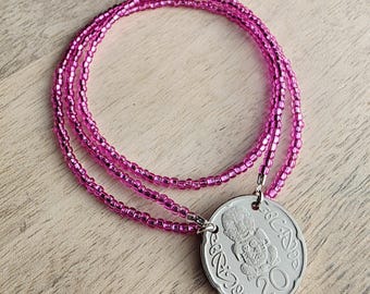 Fuchsia Glass Seed Bead Coin Necklace, 2006 New Zealand 20 Cent Coin Jewelry, Māori Carving of Pukaki, Gift Boxed, Artisan Handmade in USA