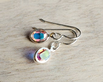 Iridescent Oval Bezel Set Crystal Earrings, .925 Sterling Silver Ear Wires, Made in USA, Aurora Borealis, Sparkly Formal Dance Jewelry