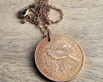 1964 New Zealand One Penny Bird Coin Necklace, One Penny, Large Old Coin, Birthday or Anniversary Gift, Made in USA, Eriadesigns, Gift Boxed