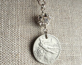 1922 Vintage Italy Coin Necklace, Rhinestone Ball, .925 Sterling Silver Chain, Gift Box, Artisan Handmade in USA, 20 Centesimi