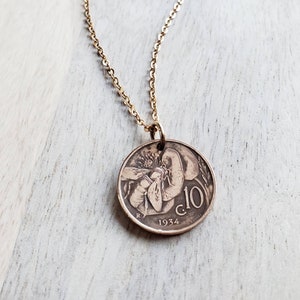 Italian Honeybee Flower Coin Necklace, Early 1900's Italy Honey Bee 10 Copper Coin Charm, Handmade Jewelry by E. Ria Designs image 2