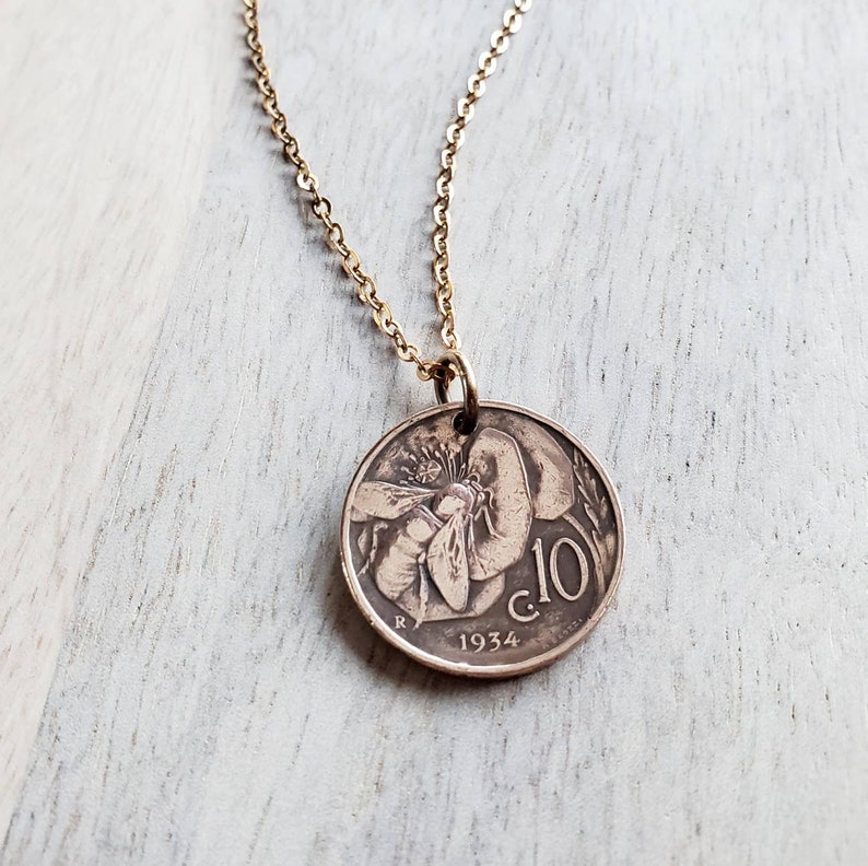 Italian Honeybee Flower Coin Necklace, Early 1900's Italy Honey Bee 10 Copper Coin Charm, Handmade Jewelry by E. Ria Designs image 2