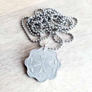 1972 Maltese Cross Malta Coin Necklace, Scalloped 2 Mils Coin, Stainless Steel Ball Chain, Gift Boxed Made in USA by E. Ria Designs