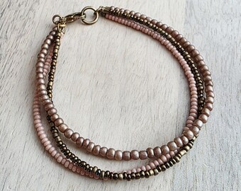 Triple Strand Glass Bead Bracelet, Bronze, Brown, Nude Seed Bead Hand Beaded, 14K Gold Fill Lobster Clasp, E. Ria Designs, Made in USA