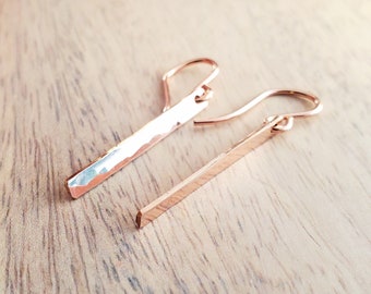 Hammered Rose Gold Filled Skinny Vertical Bar Earrings, French Ear Wires, 14K GF, Gift Boxed, Minimalist Design, E. Ria Designs, Made in USA