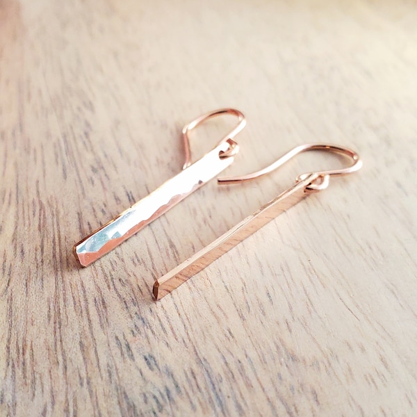Hammered Rose Gold Filled Skinny Vertical Bar Earrings, French Ear Wires, 14K GF, Gift Boxed, Minimalist Design, E. Ria Designs, Made in USA