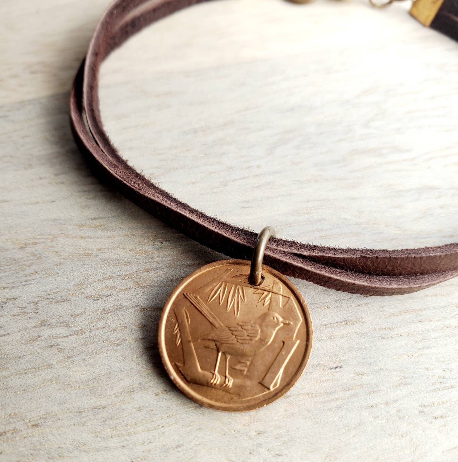 Vintage Bird Coin, Leather Bracelet, Cayman Islands Copper