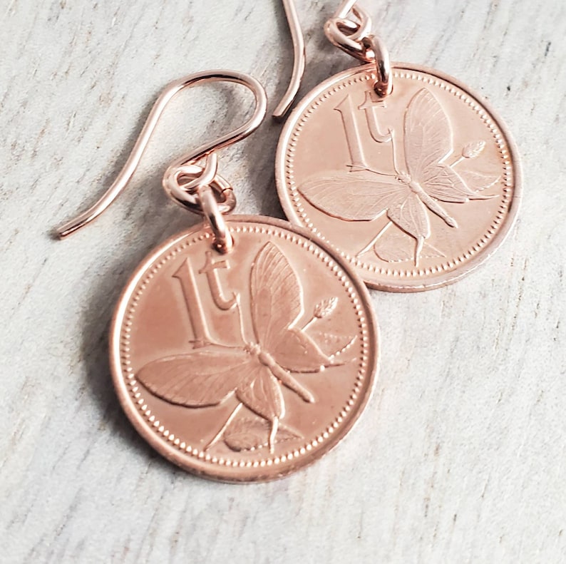 Butterfly Coin Earrings, Copper, 14K Rose Gold Filled Ear Wires, Papua New Guinea 1987 Coin Jewelry 7th Anniversary Gift By E. Ria Designs image 3