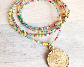 1976 Argentina Gold Sun Coin Necklace, Multi-Colored Glass Seed Bead Chain, 14K Gold Filled Clasp, Gift Boxed, Made in USA by E. Ria Designs