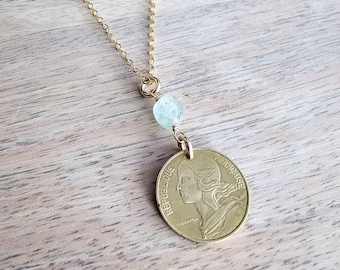 French Coin & Aquamarine Necklace, 14K Gold Filled Cable Chain, Marianne, March Birthstone, Gift Boxed, Handmade in USA Eriadesigns