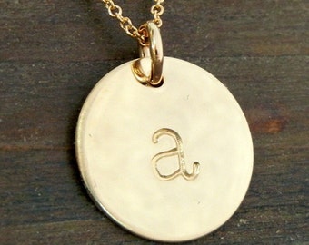 Lowercase Gold Letter Necklace, 14K Gold Filled Personalized Initial Pendant, Hand Stamped Jewelry