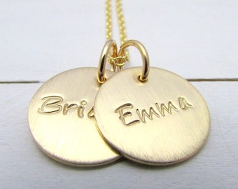 Two Gold Name Charm Necklace, Personalized Pendants, 14K Gold Filled, Handcrafted Custom Jewelry Made in USA by E. Ria Designs
