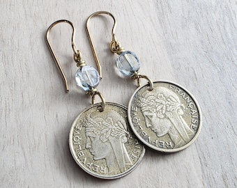 Vintage France 50 Centimes Coin Earrings, Blue European Crystals, Brass Ear Wires, Made in USA, E. Ria Designs