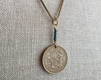 1975 French Coin Necklace, Dark Teal Glass Beads, Brass Box Chain, Gift Boxed, Made in USA, E. Ria Designs